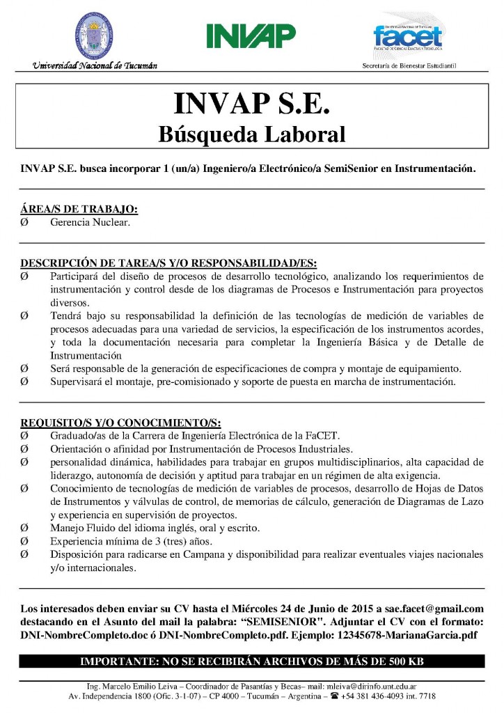 Aviso Busqueda Laboral Electronico SemiSenior INVAP Facultad De