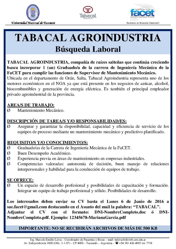 Aviso Busqueda Laboral Tabacal Facultad De Ciencias Exactas Y